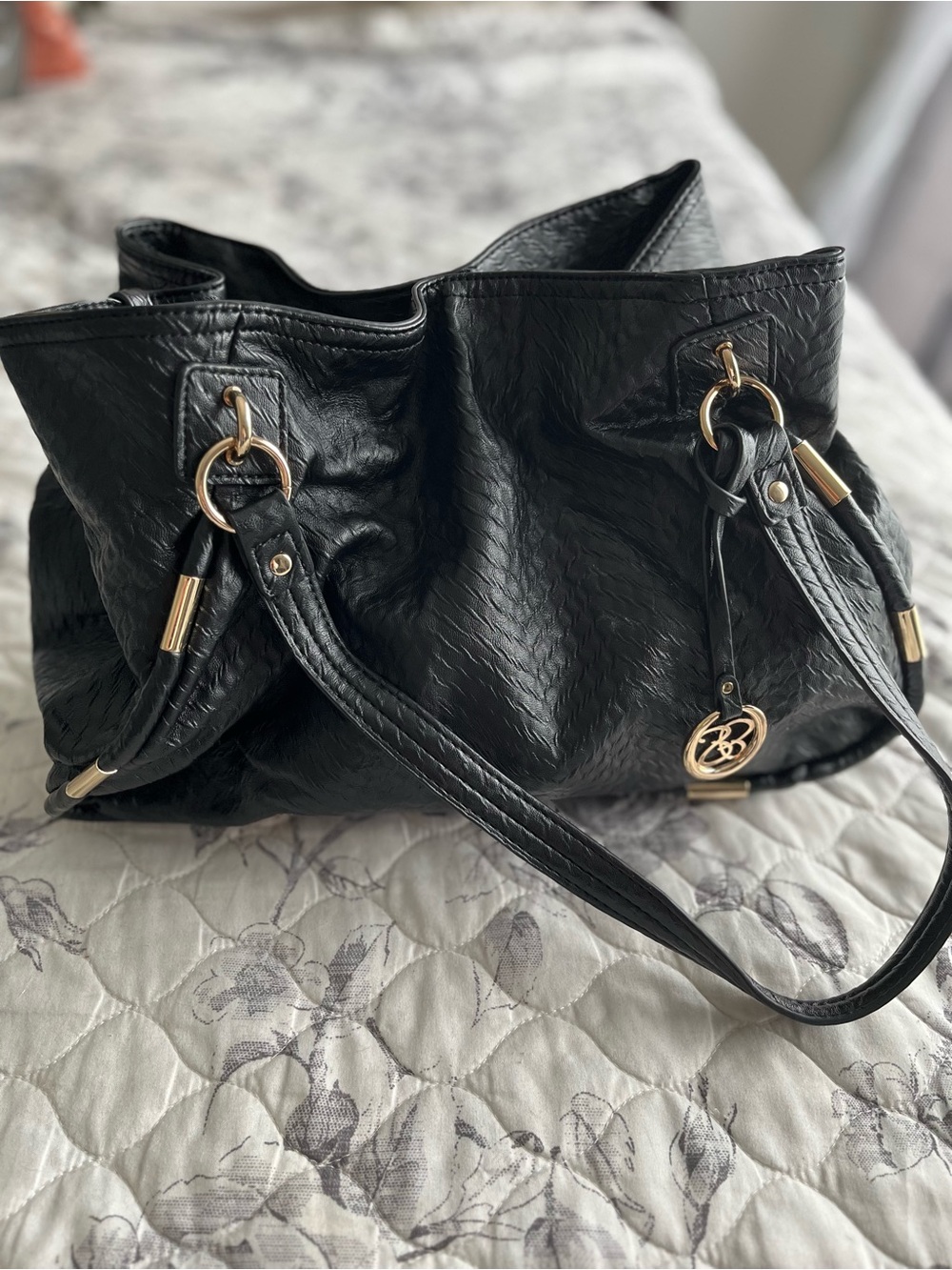 Jessica Simpson Black Leather Satchel Handbag with Gold Hardware